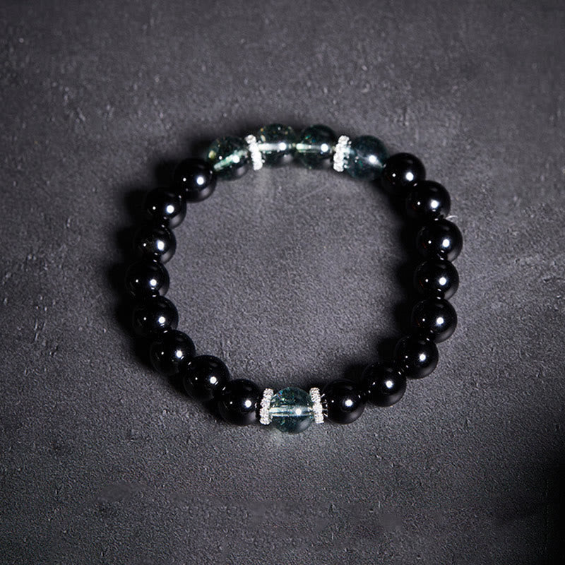 925 Sterling Silver Black Obsidian Green Phantom Strength Bracelet