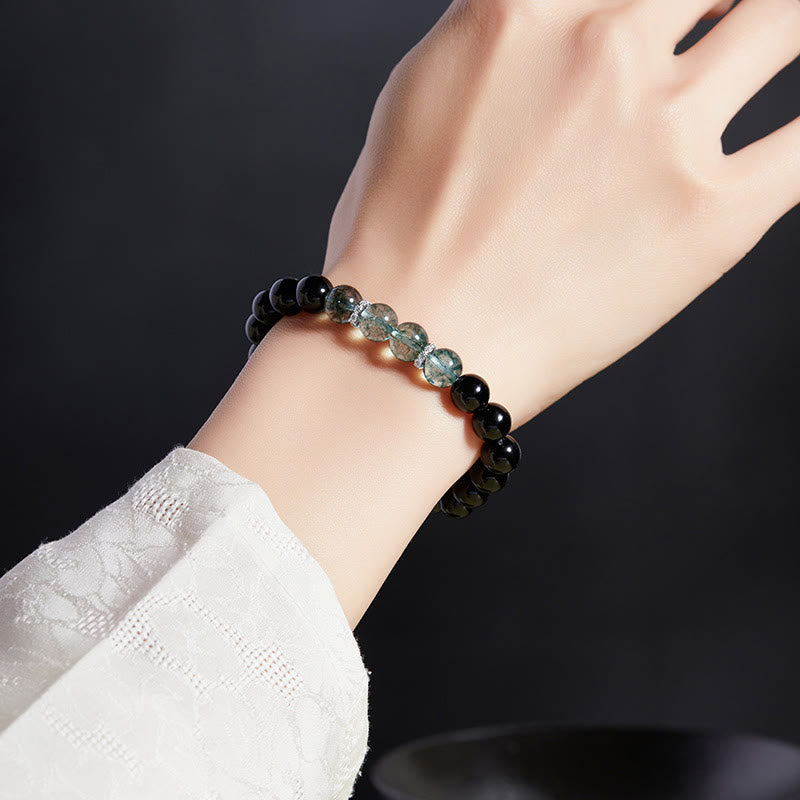 925 Sterling Silver Black Obsidian Green Phantom Strength Bracelet
