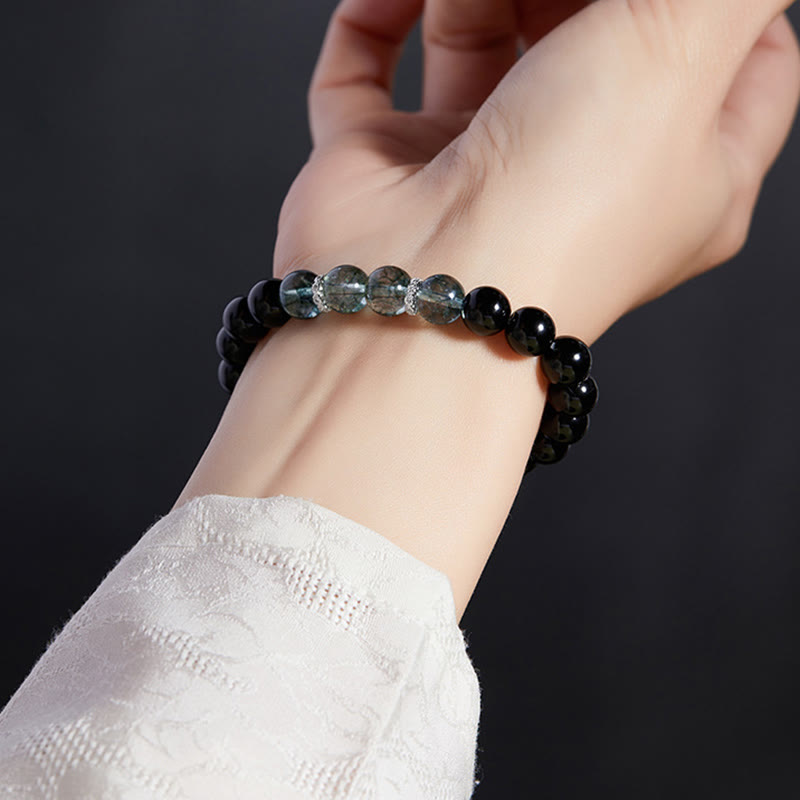 925 Sterling Silver Black Obsidian Green Phantom Strength Bracelet