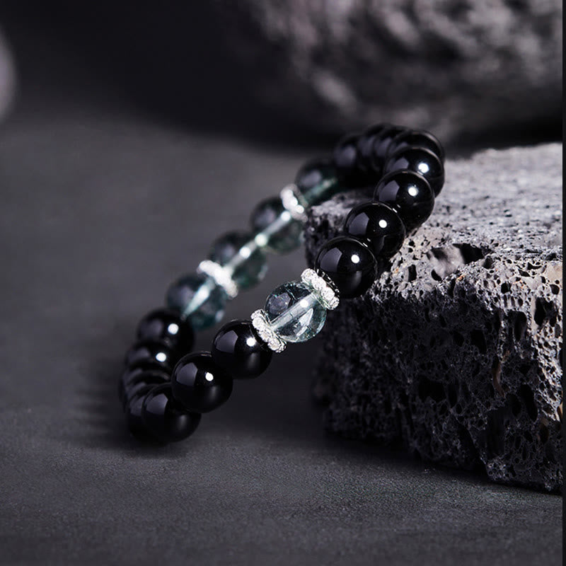 925 Sterling Silver Black Obsidian Green Phantom Strength Bracelet