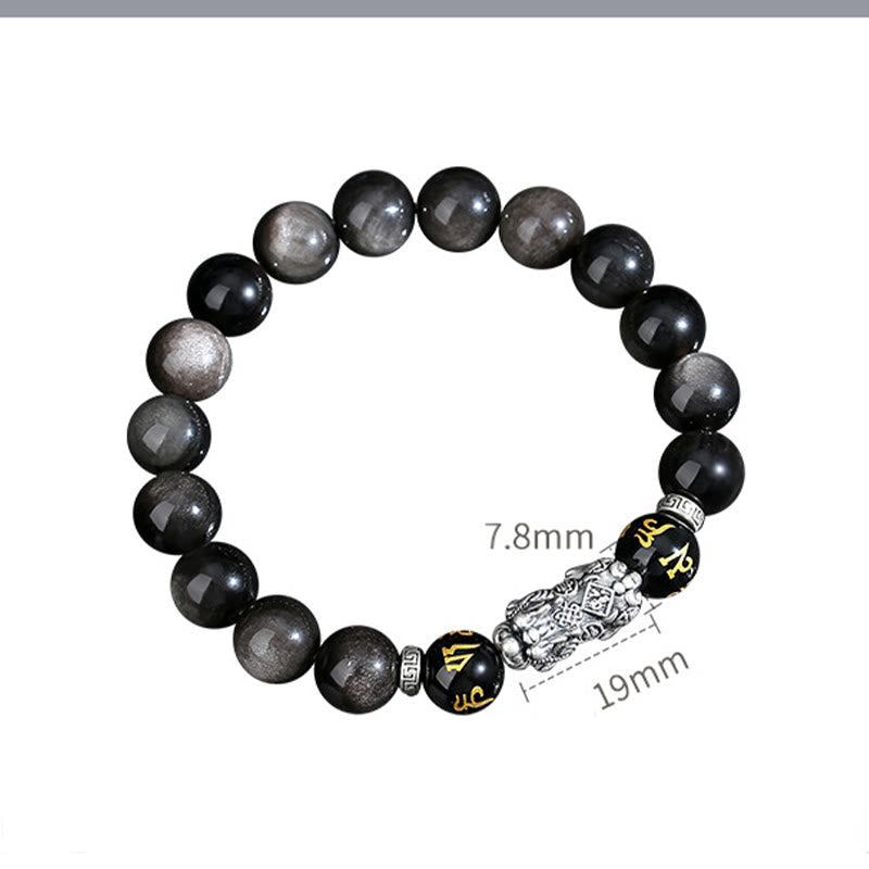 999 Sterling Silver PiXiu Natural Black Obsidian Strength Bracelet