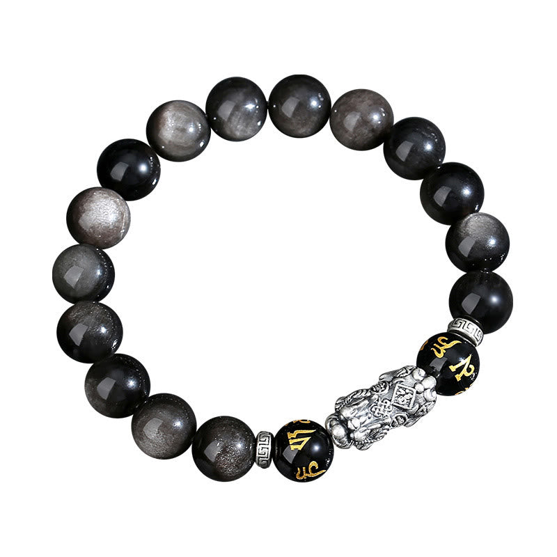 999 Sterling Silver PiXiu Natural Black Obsidian Strength Bracelet