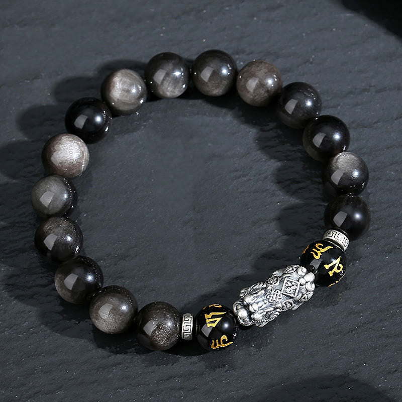 999 Sterling Silver PiXiu Natural Black Obsidian Strength Bracelet