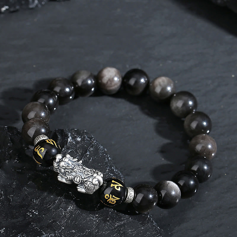 999 Sterling Silver PiXiu Natural Black Obsidian Strength Bracelet