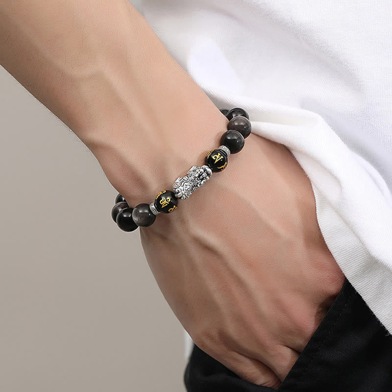 999 Sterling Silver PiXiu Natural Black Obsidian Strength Bracelet