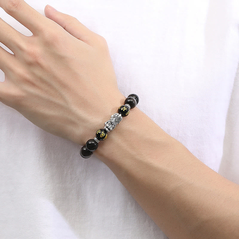 999 Sterling Silver PiXiu Natural Black Obsidian Strength Bracelet
