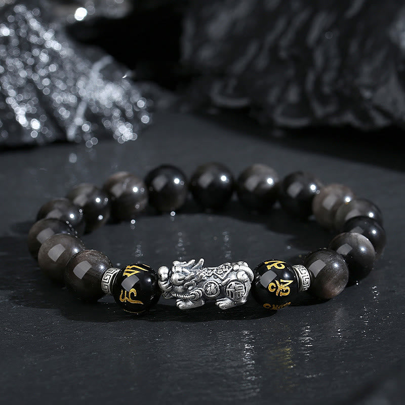 999 Sterling Silver PiXiu Natural Black Obsidian Strength Bracelet