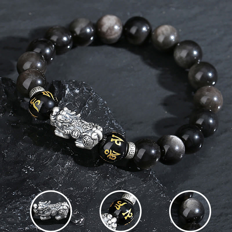 999 Sterling Silver PiXiu Natural Black Obsidian Strength Bracelet