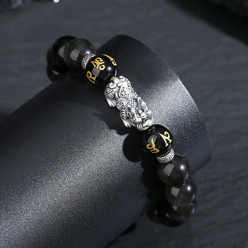 999 Sterling Silver PiXiu Natural Black Obsidian Strength Bracelet