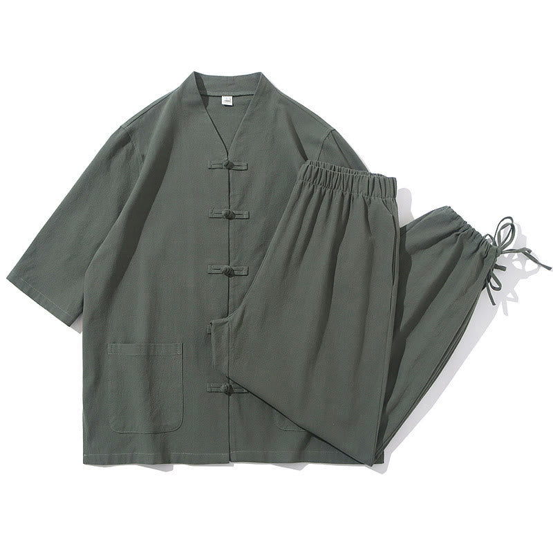 Breathable Cotton Linen Frog Button Meditation Shirt and Pants Set