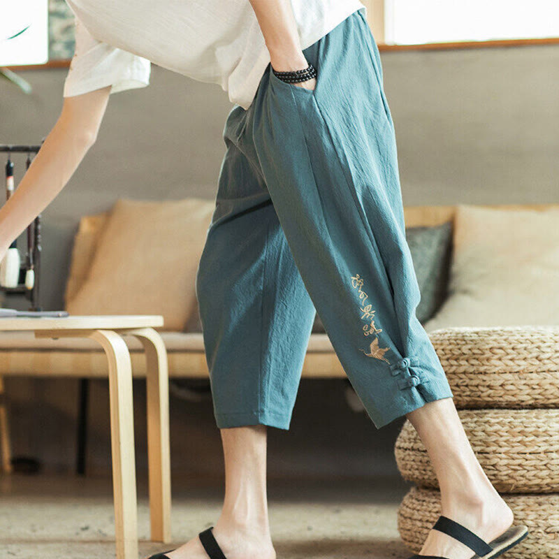 Crane Embroidery Cotton Men's Cropped Harem Pants With Pockets