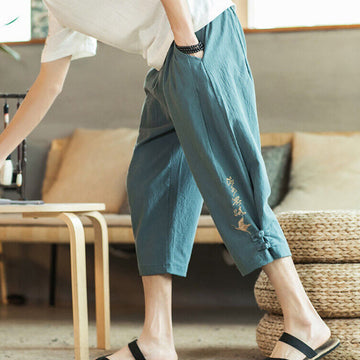 Crane Embroidery Cotton Men's Cropped Harem Pants With Pockets