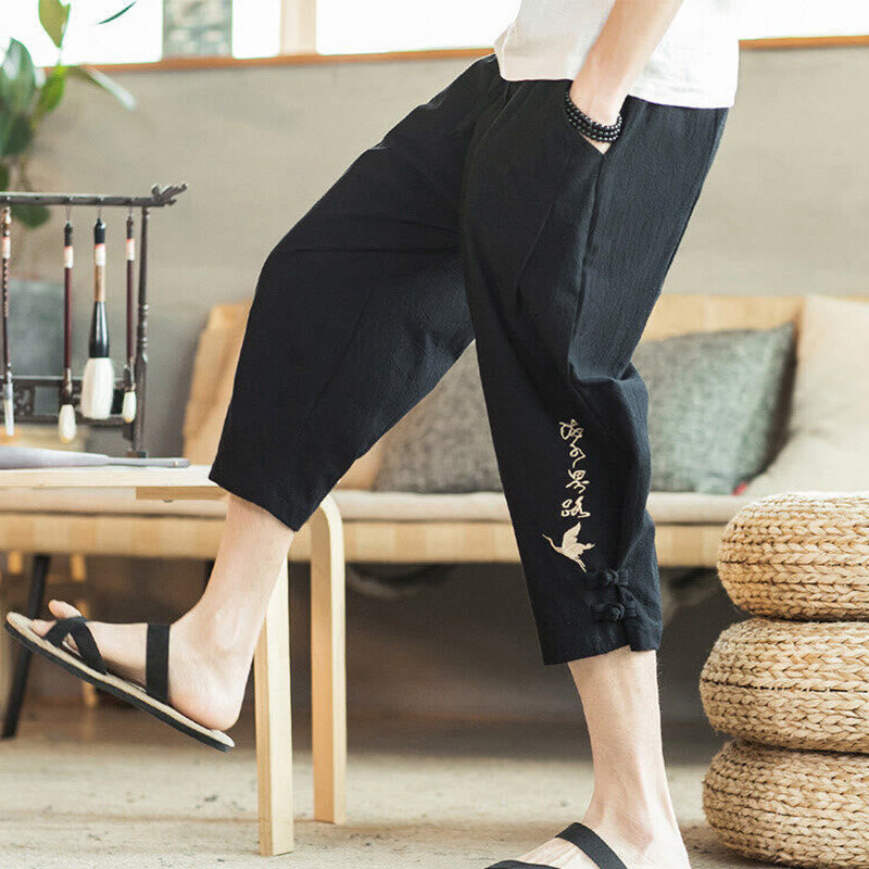 Crane Embroidery Cotton Men's Cropped Harem Pants With Pockets