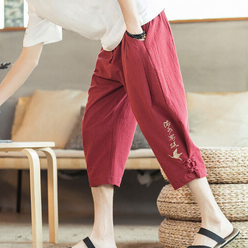 Crane Embroidery Cotton Men's Cropped Harem Pants With Pockets