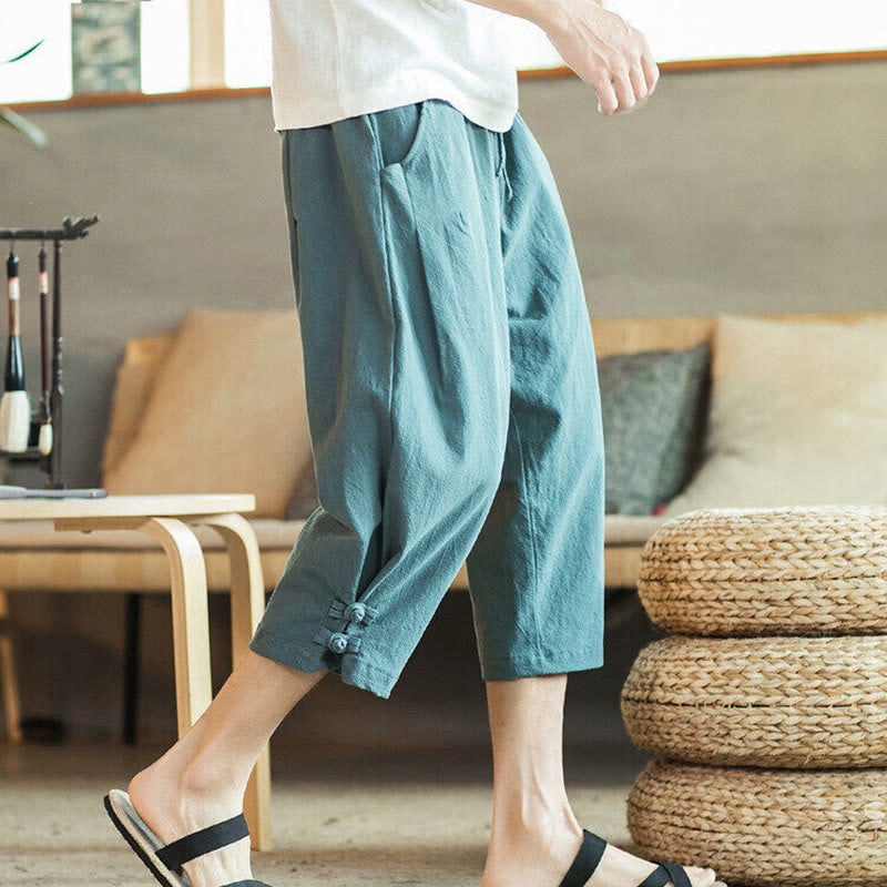 Crane Embroidery Cotton Men's Cropped Harem Pants With Pockets