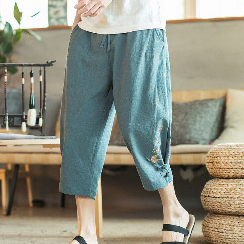 Crane Embroidery Cotton Men's Cropped Harem Pants With Pockets