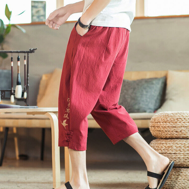 Crane Embroidery Cotton Men's Cropped Harem Pants With Pockets