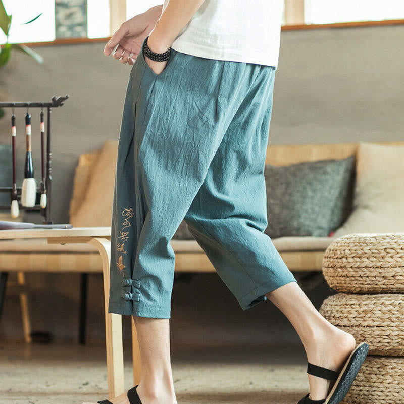 Crane Embroidery Cotton Men's Cropped Harem Pants With Pockets