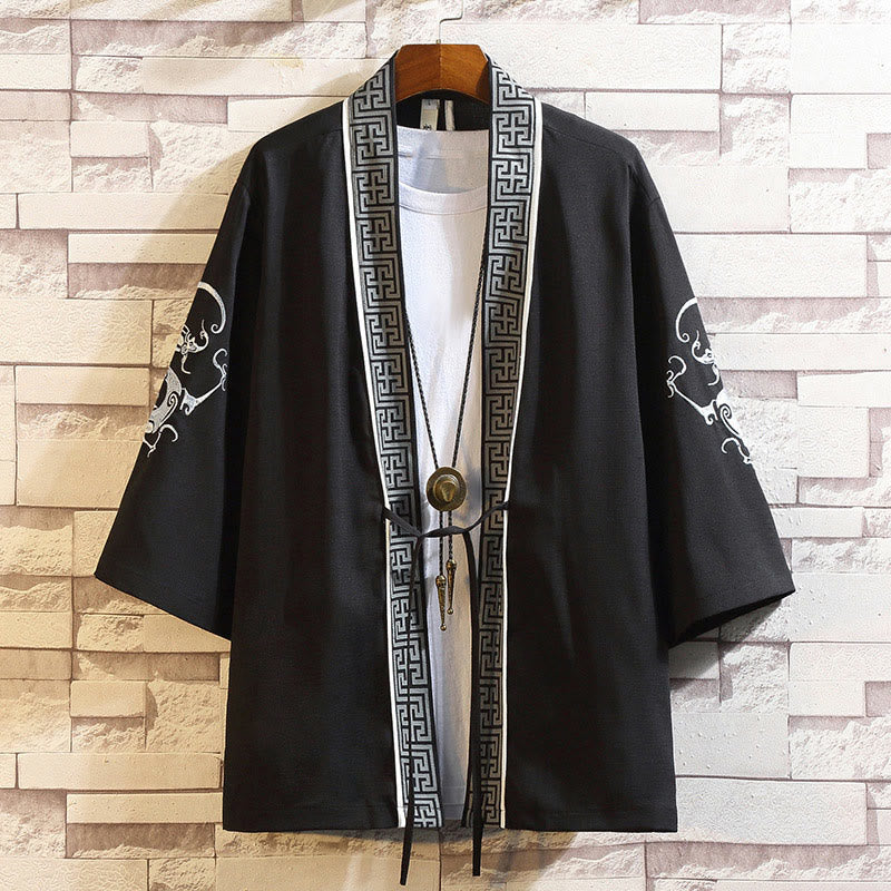 Embroidery Dragon Phoenix Auspicious Cloud Waves Leaves Cranes Open Front Jacket Men's Kimono