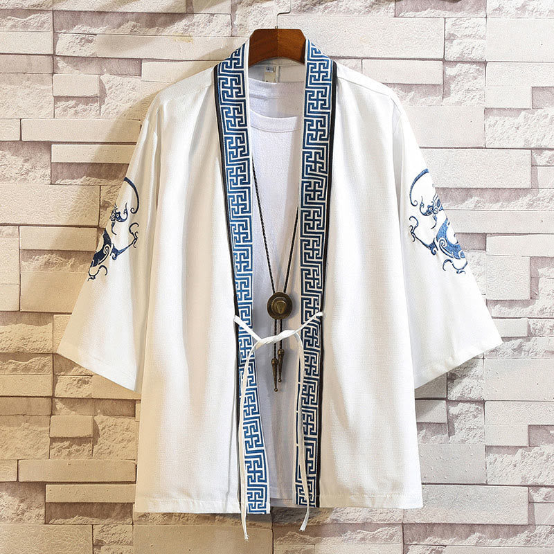Embroidery Dragon Phoenix Auspicious Cloud Waves Leaves Cranes Open Front Jacket Men's Kimono