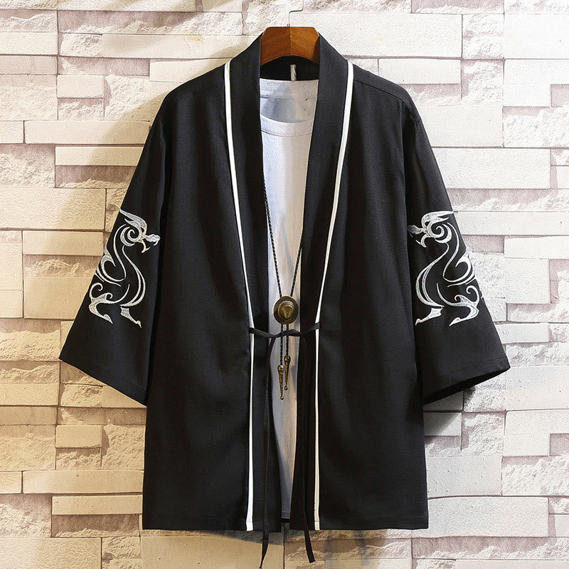 Embroidery Dragon Phoenix Auspicious Cloud Waves Leaves Cranes Open Front Jacket Men's Kimono
