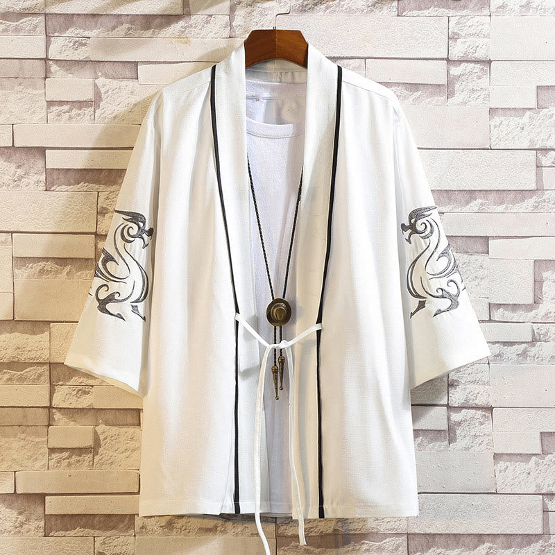 Embroidery Dragon Phoenix Auspicious Cloud Waves Leaves Cranes Open Front Jacket Men's Kimono