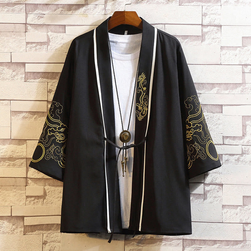Embroidery Dragon Phoenix Auspicious Cloud Waves Leaves Cranes Open Front Jacket Men's Kimono
