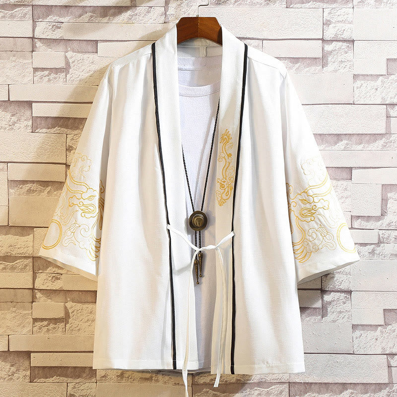 Embroidery Dragon Phoenix Auspicious Cloud Waves Leaves Cranes Open Front Jacket Men's Kimono