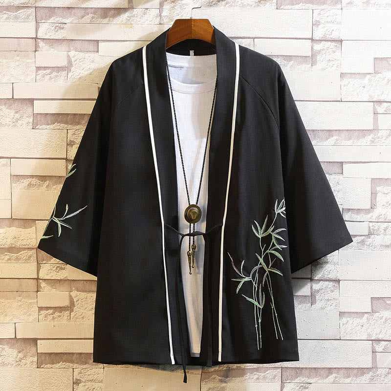 Embroidery Dragon Phoenix Auspicious Cloud Waves Leaves Cranes Open Front Jacket Men's Kimono