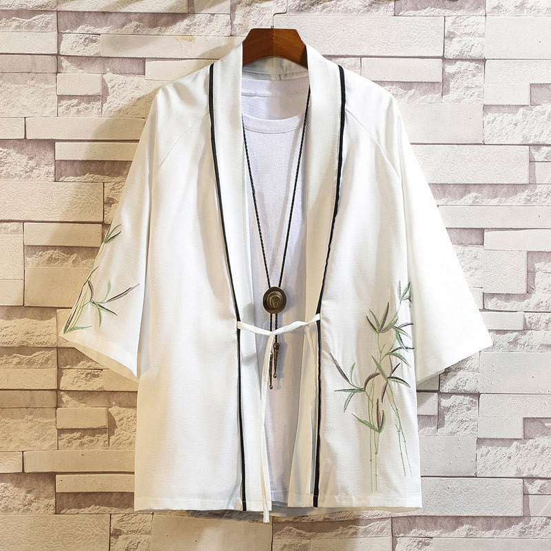 Embroidery Dragon Phoenix Auspicious Cloud Waves Leaves Cranes Open Front Jacket Men's Kimono