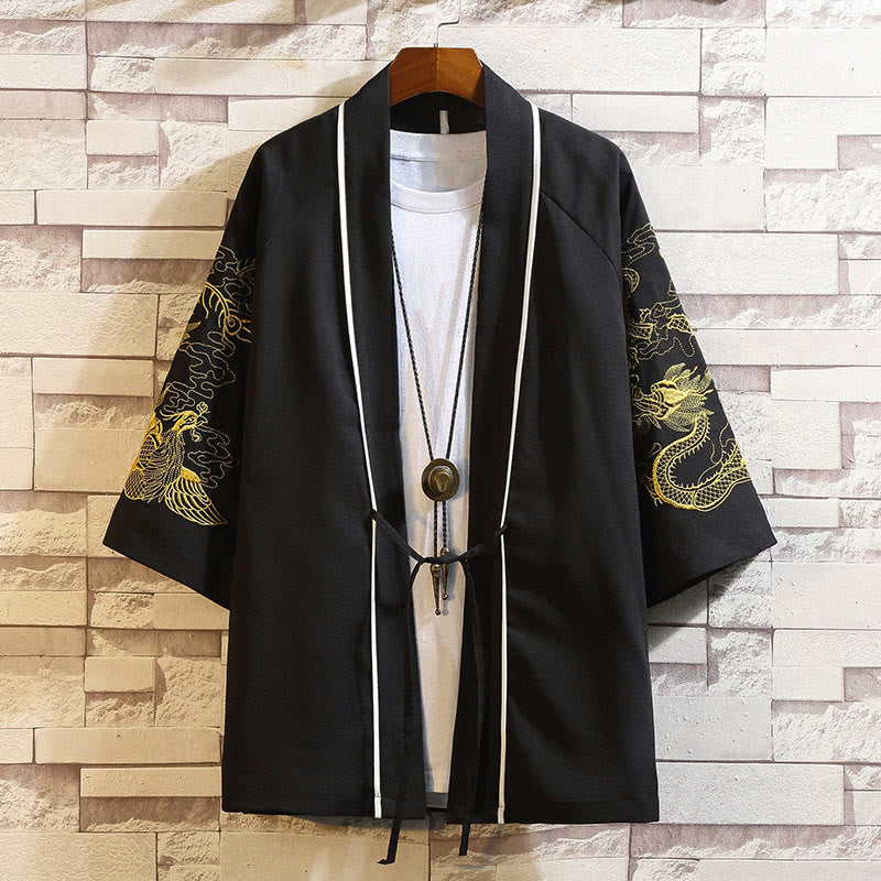 Embroidery Dragon Phoenix Auspicious Cloud Waves Leaves Cranes Open Front Jacket Men's Kimono