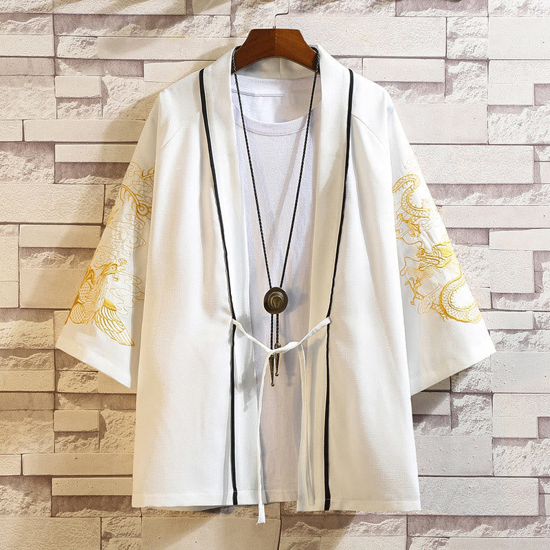 Embroidery Dragon Phoenix Auspicious Cloud Waves Leaves Cranes Open Front Jacket Men's Kimono