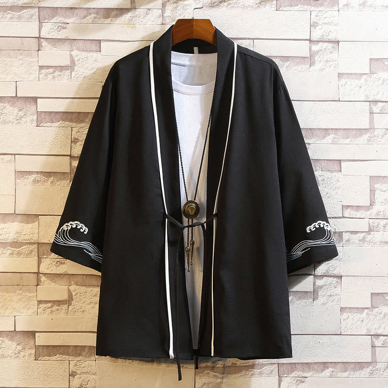 Embroidery Dragon Phoenix Auspicious Cloud Waves Leaves Cranes Open Front Jacket Men's Kimono