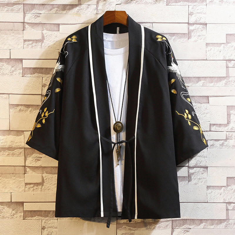 Embroidery Dragon Phoenix Auspicious Cloud Waves Leaves Cranes Open Front Jacket Men's Kimono