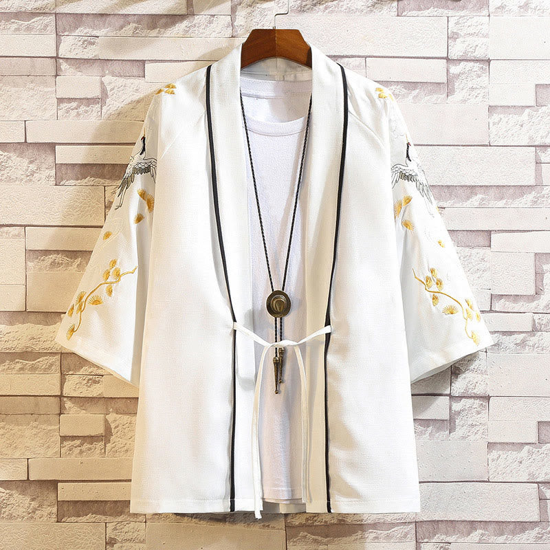Embroidery Dragon Phoenix Auspicious Cloud Waves Leaves Cranes Open Front Jacket Men's Kimono
