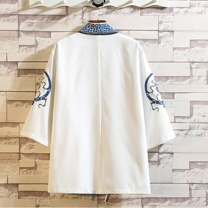 Embroidery Dragon Phoenix Auspicious Cloud Waves Leaves Cranes Open Front Jacket Men's Kimono