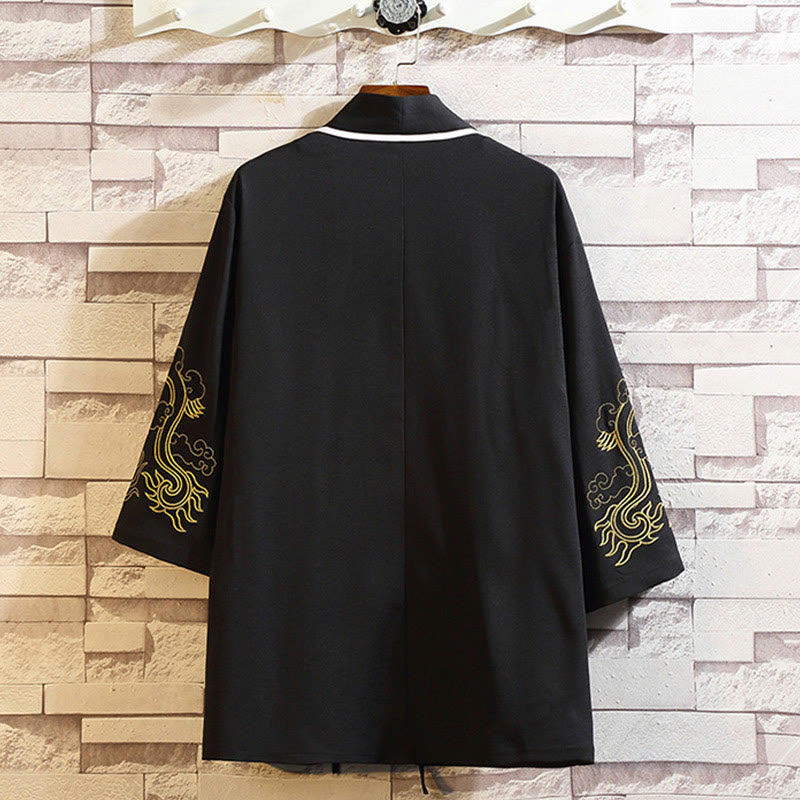Embroidery Dragon Phoenix Auspicious Cloud Waves Leaves Cranes Open Front Jacket Men's Kimono