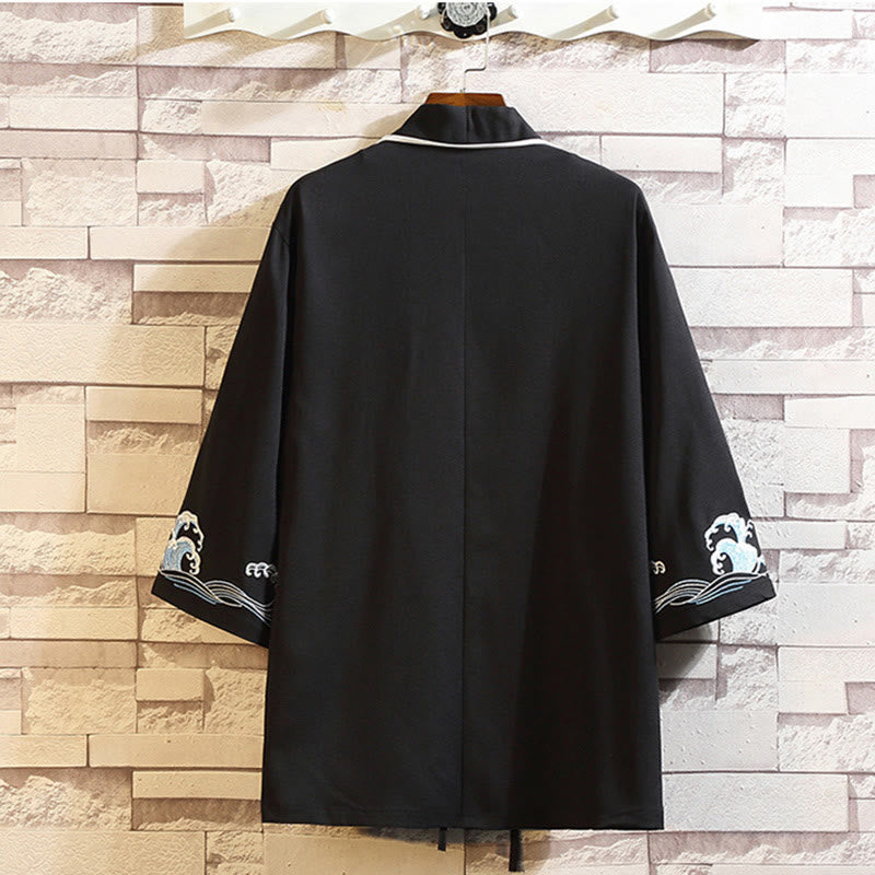 Embroidery Dragon Phoenix Auspicious Cloud Waves Leaves Cranes Open Front Jacket Men's Kimono
