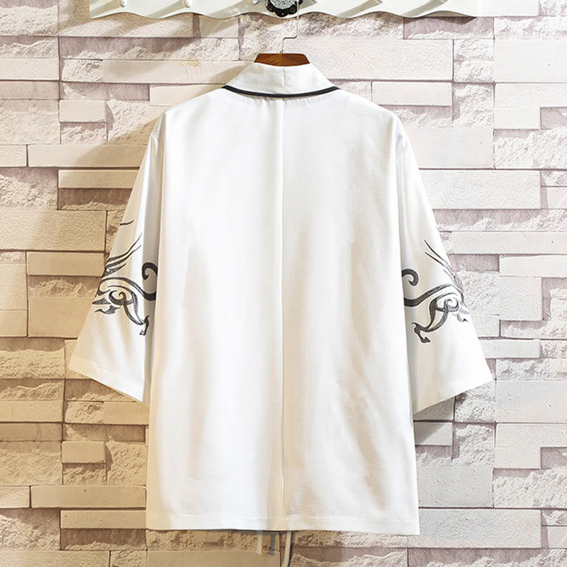Embroidery Dragon Phoenix Auspicious Cloud Waves Leaves Cranes Open Front Jacket Men's Kimono