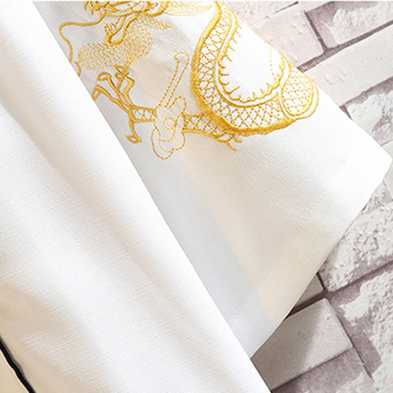 Embroidery Dragon Phoenix Auspicious Cloud Waves Leaves Cranes Open Front Jacket Men's Kimono