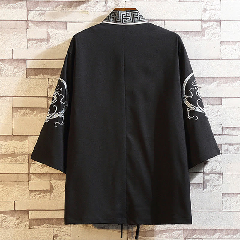Embroidery Dragon Phoenix Auspicious Cloud Waves Leaves Cranes Open Front Jacket Men's Kimono