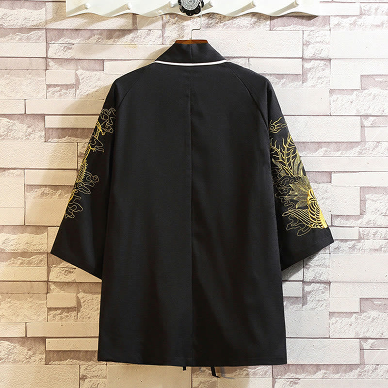 Embroidery Dragon Phoenix Auspicious Cloud Waves Leaves Cranes Open Front Jacket Men's Kimono