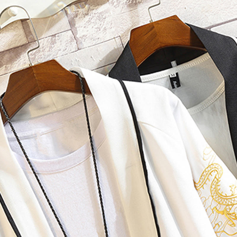Embroidery Dragon Phoenix Auspicious Cloud Waves Leaves Cranes Open Front Jacket Men's Kimono