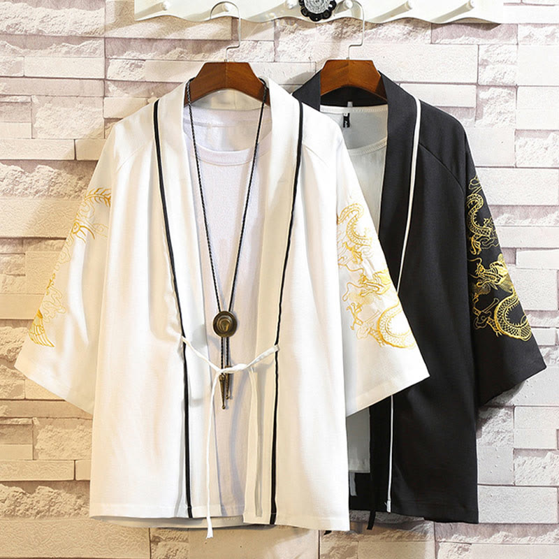 Embroidery Dragon Phoenix Auspicious Cloud Waves Leaves Cranes Open Front Jacket Men's Kimono