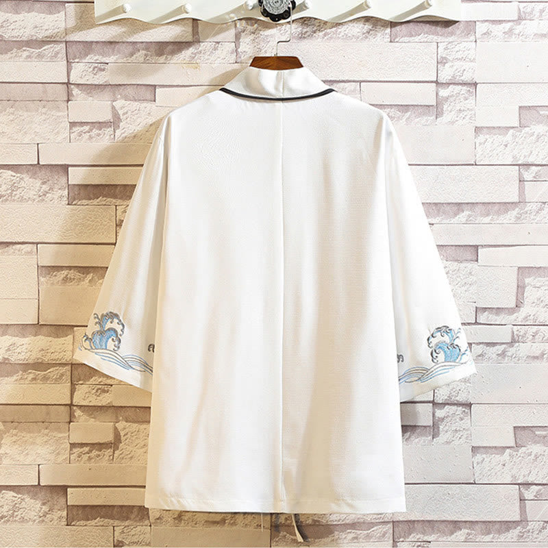 Embroidery Dragon Phoenix Auspicious Cloud Waves Leaves Cranes Open Front Jacket Men's Kimono