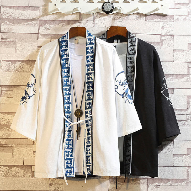 Embroidery Dragon Phoenix Auspicious Cloud Waves Leaves Cranes Open Front Jacket Men's Kimono