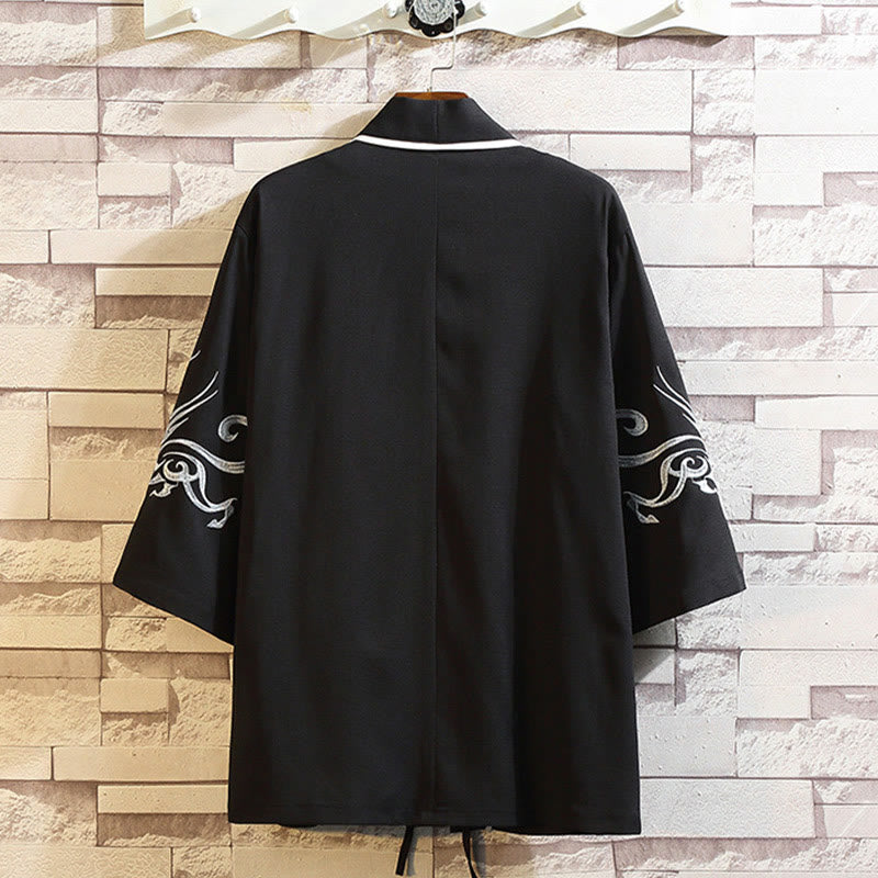 Embroidery Dragon Phoenix Auspicious Cloud Waves Leaves Cranes Open Front Jacket Men's Kimono