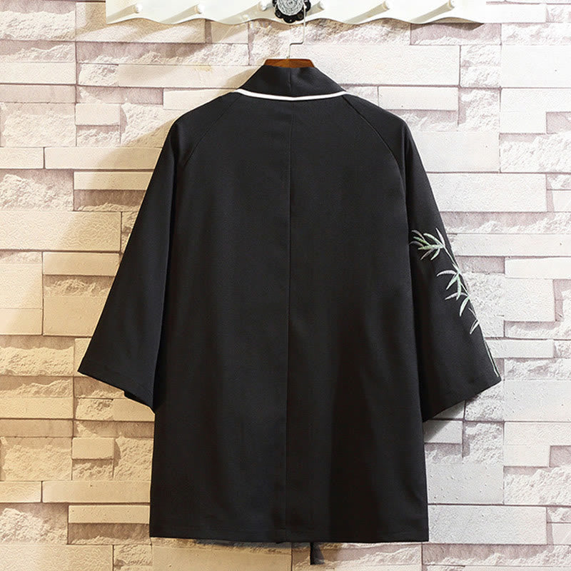 Embroidery Dragon Phoenix Auspicious Cloud Waves Leaves Cranes Open Front Jacket Men's Kimono