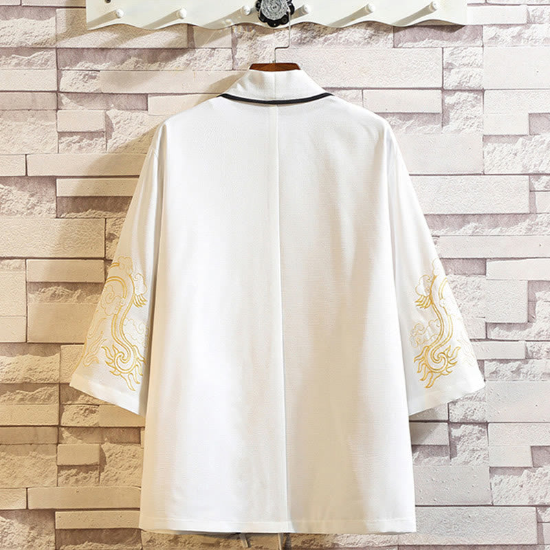 Embroidery Dragon Phoenix Auspicious Cloud Waves Leaves Cranes Open Front Jacket Men's Kimono