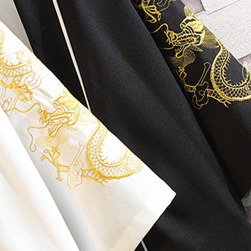 Embroidery Dragon Phoenix Auspicious Cloud Waves Leaves Cranes Open Front Jacket Men's Kimono
